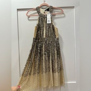 NWT French Connection Aello Sequin Halter Neck Dress, Size 2 in Gold Gunmetal